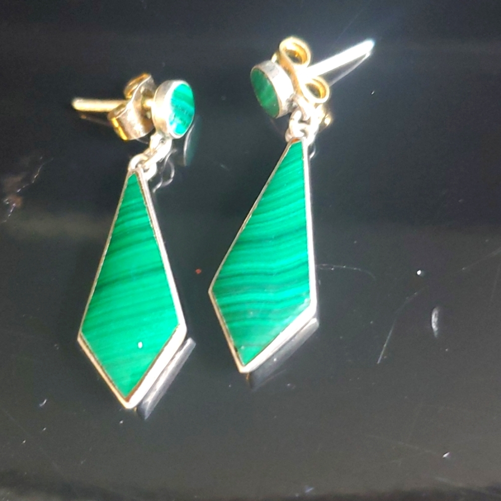 Malachite Stone and Sterling Silver Earrings